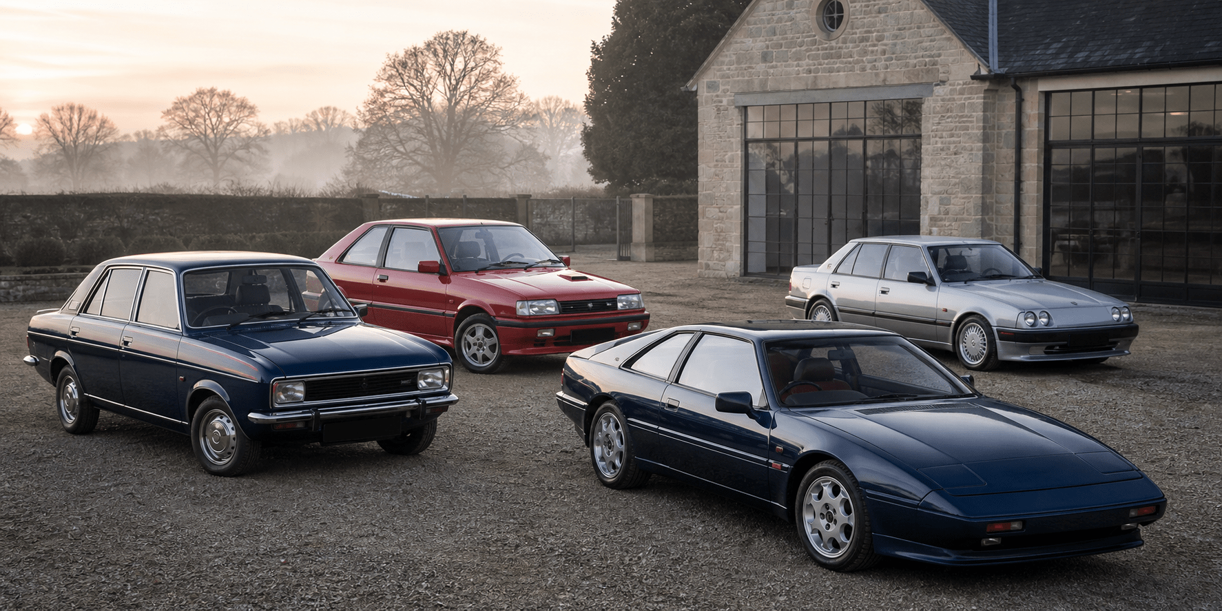 Collection of rare and forgotten cars outside a British motoring museum