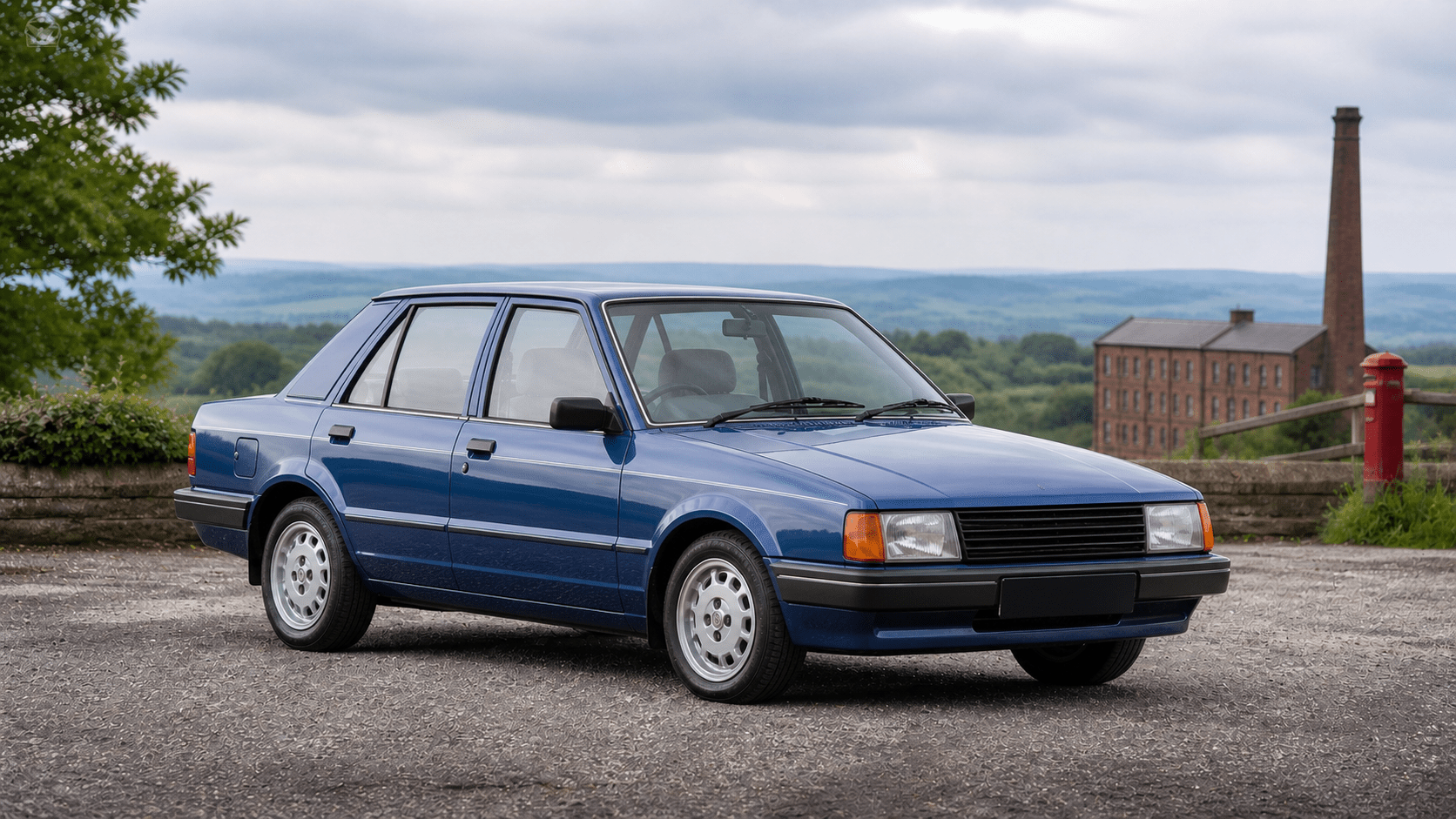 Blue first-generation Ford Orion at a British countryside viewpoint