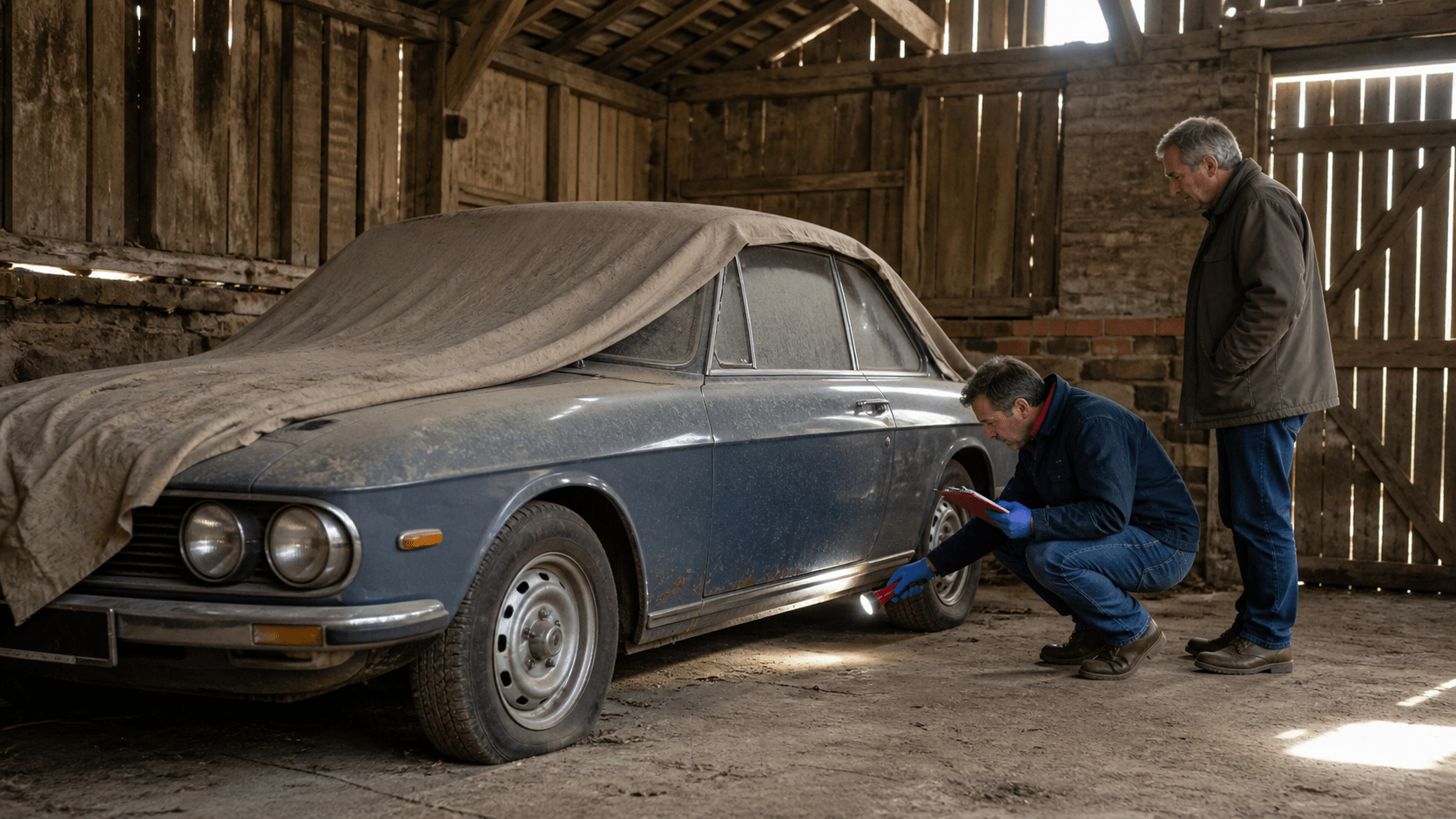 Buyer inspecting a long-stored barn find car before purchase