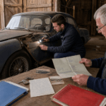 Buyer checking barn find car documents and chassis identity