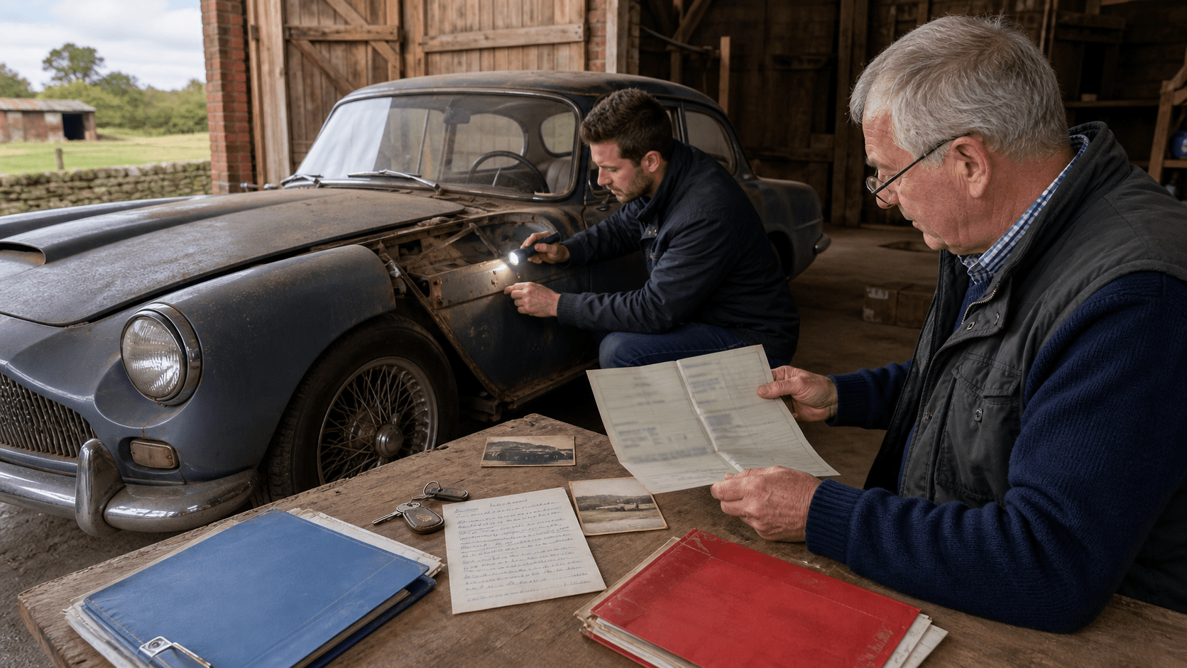 Buyer checking barn find car documents and chassis identity