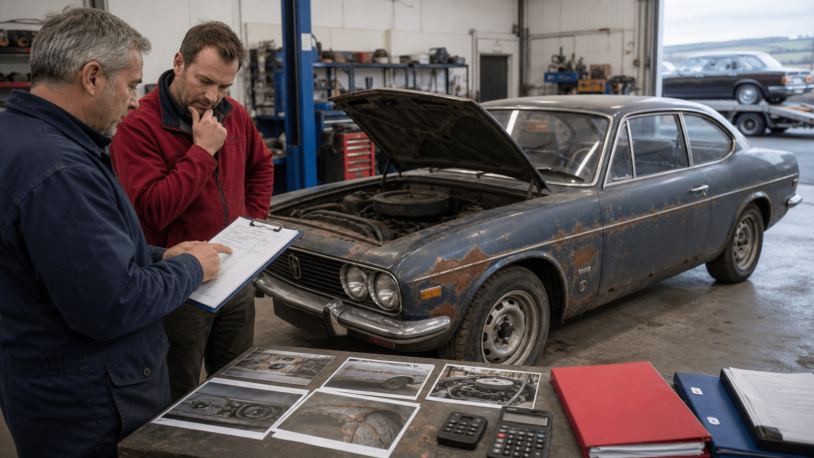 Restorer and owner estimating barn find restoration costs