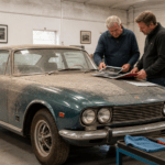Specialists assessing whether to preserve or restore a barn find car