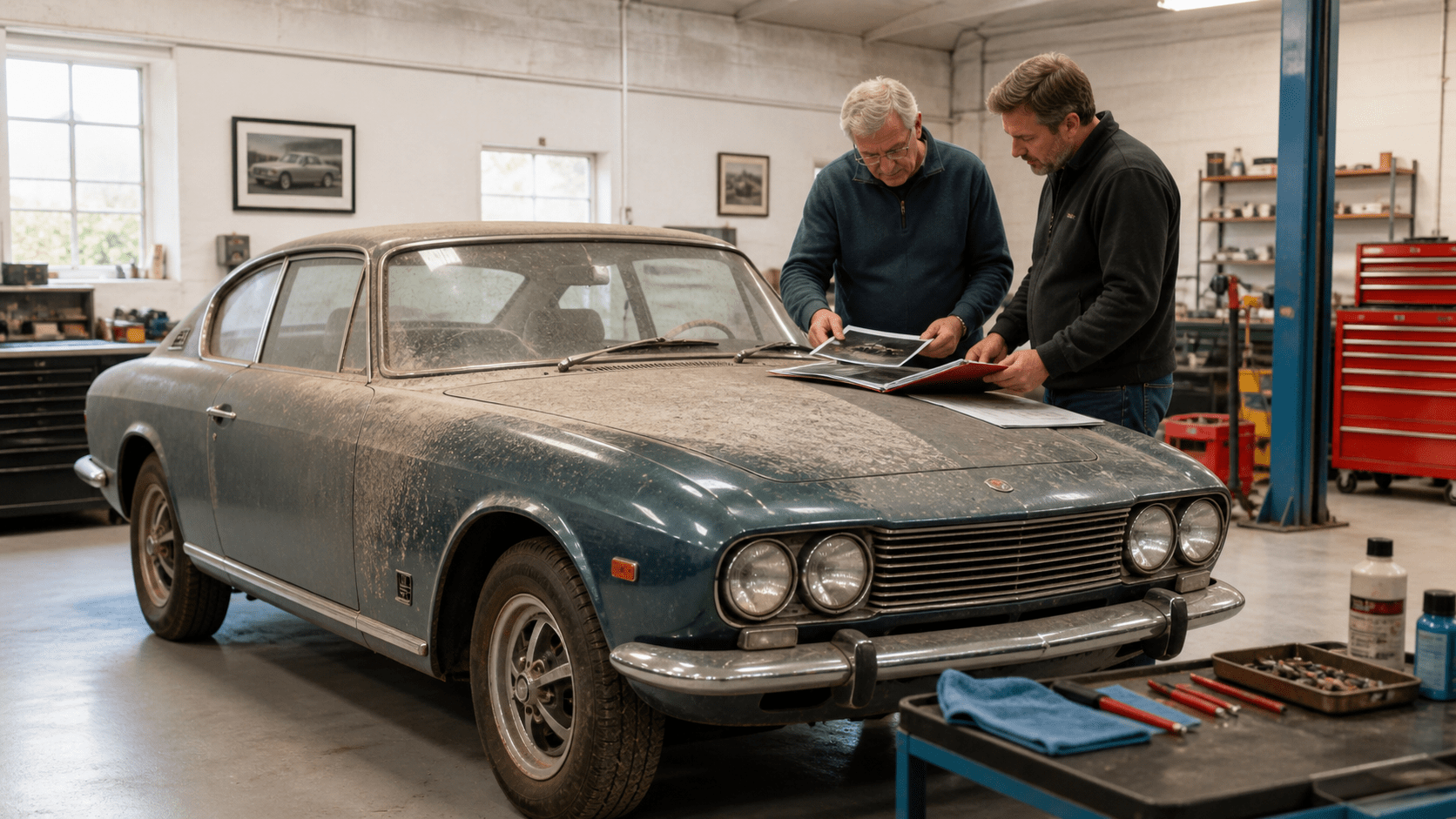 Specialists assessing whether to preserve or restore a barn find car
