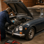 Enthusiast carefully inspecting a classic car before recommissioning it