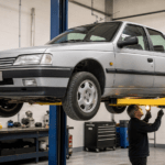 Mechanic inspecting the underside of a silver Peugeot 405 on a workshop lift