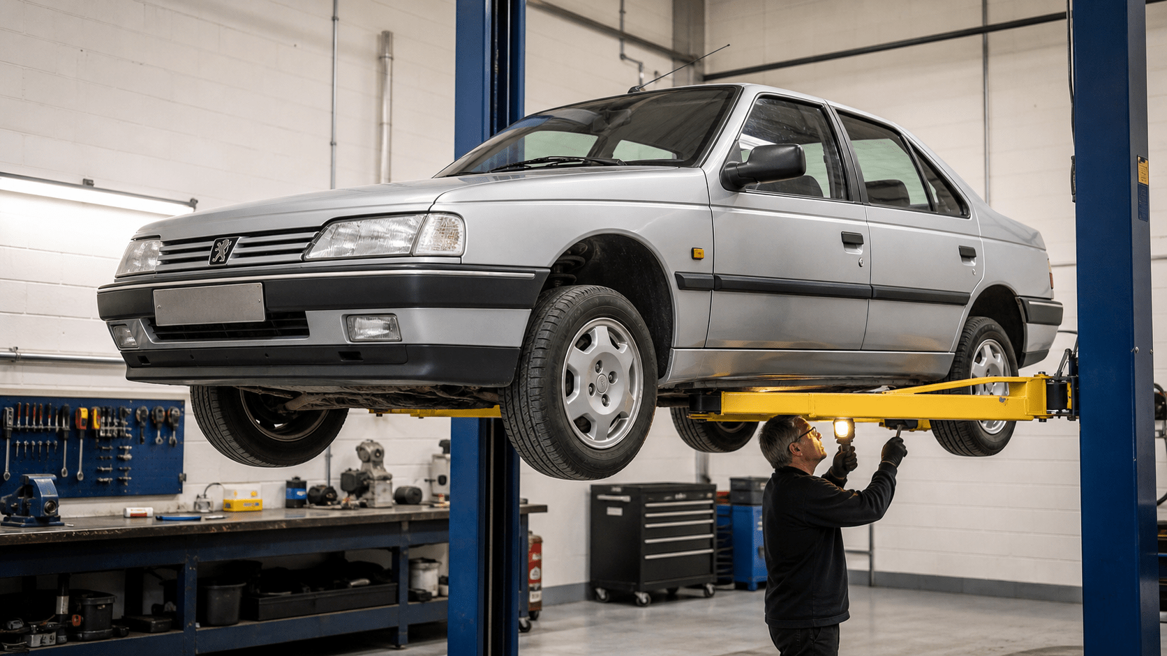 Mechanic inspecting the underside of a silver Peugeot 405 on a workshop lift