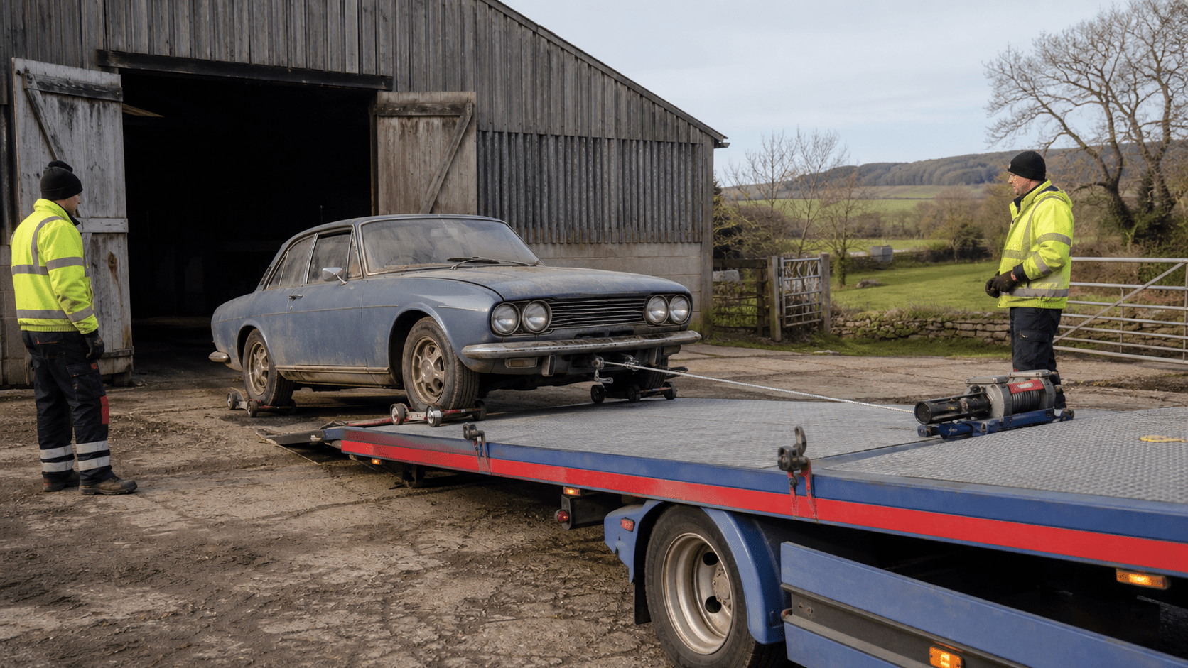 Professional operators recovering a barn find car onto a transporter