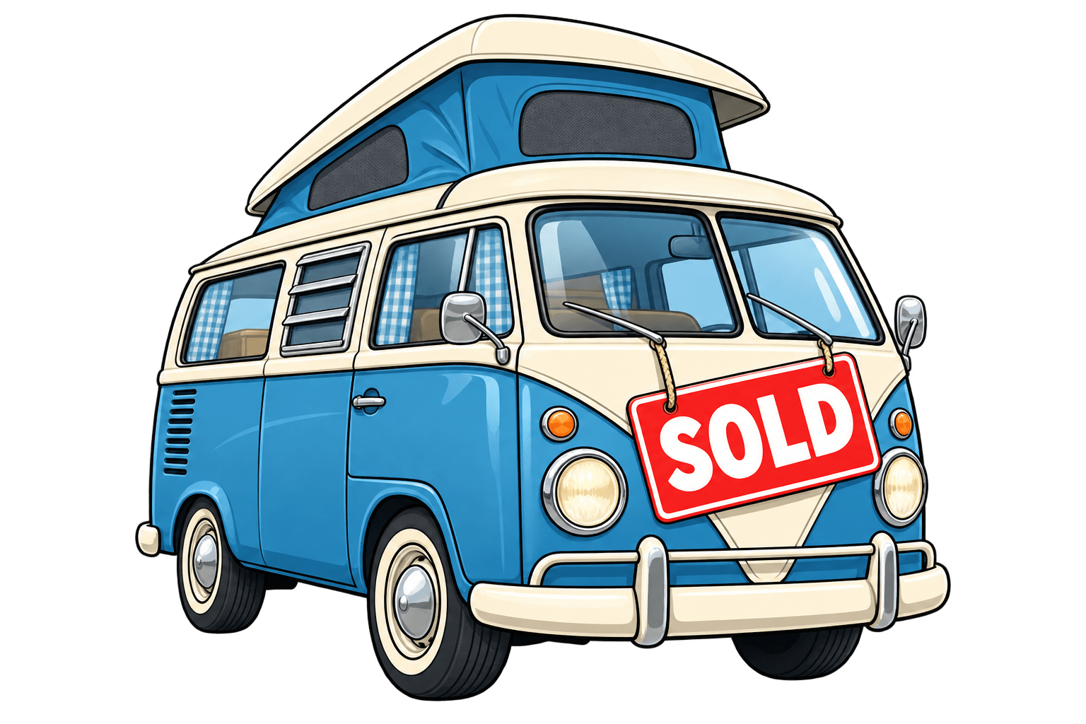 Cartoon blue and cream campervan with a red SOLD sign