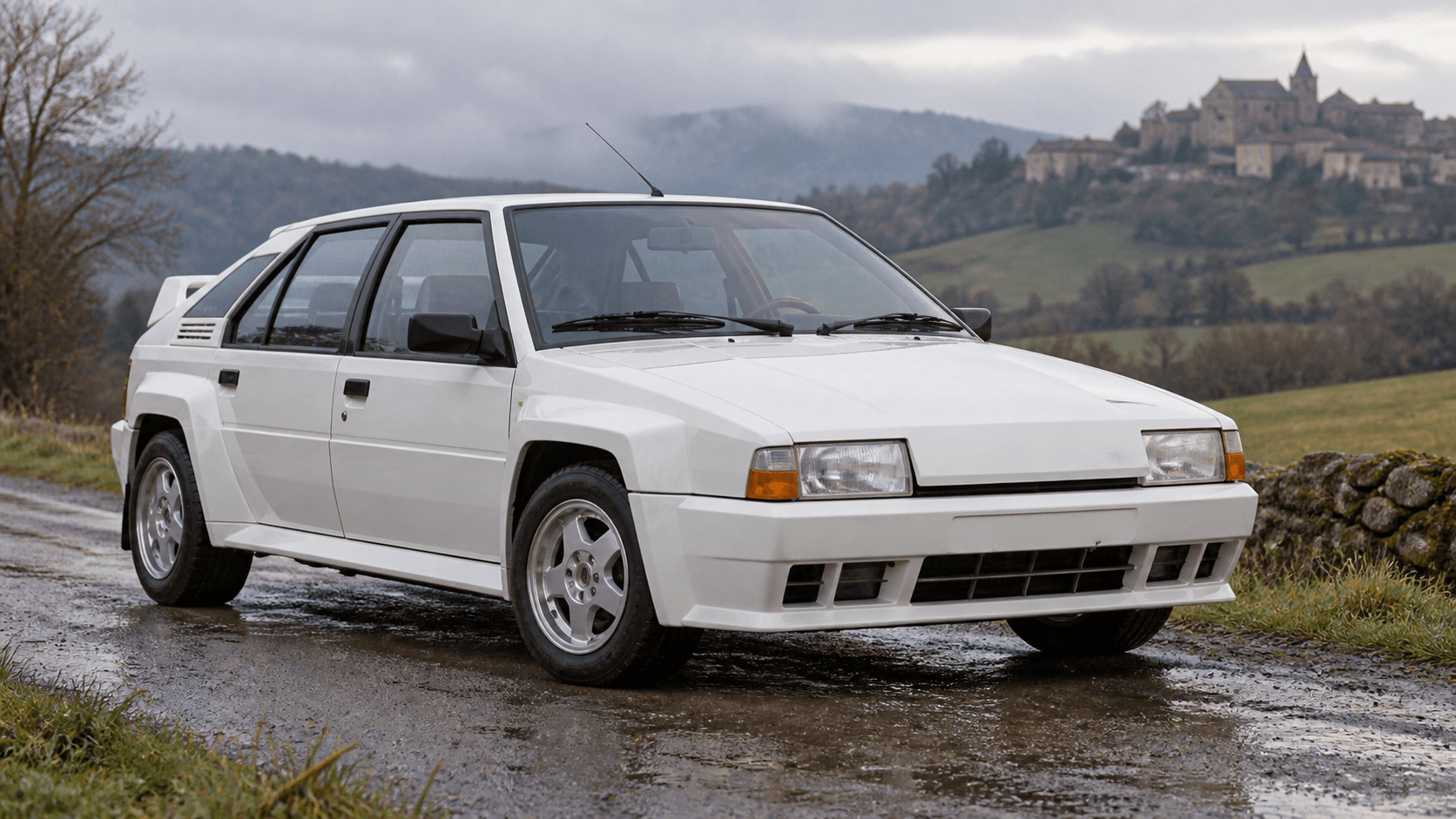 Citroën BX 4TC-inspired white Group B homologation special on a French country road