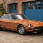 Bronze Datsun 260Z-style classic sports car outside a British workshop