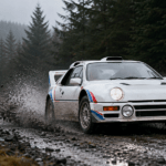 Illustration of a Ford RS200-inspired Group B rally car on a wet forest stage