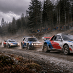 Illustration of 1980s Group B-inspired rally cars on a forest stage
