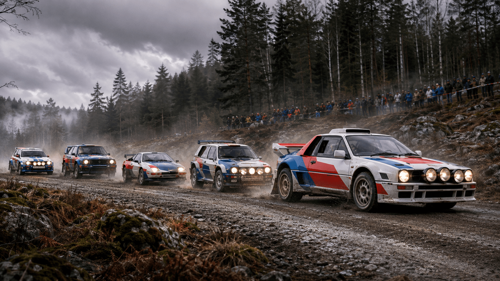 Illustration of 1980s Group B-inspired rally cars on a forest stage