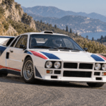 Lancia 037-inspired Group B rally car on a Mediterranean mountain stage