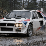 Lancia Delta S4-inspired Group B rally car on a wet forest stage