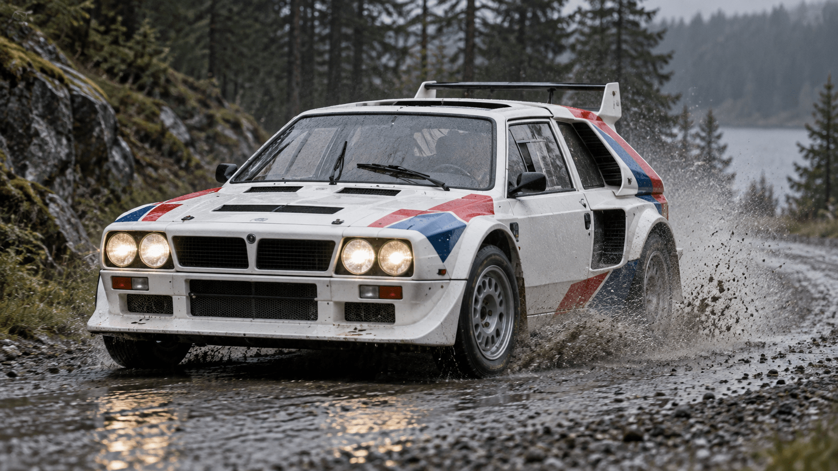 Lancia Delta S4-inspired Group B rally car on a wet forest stage