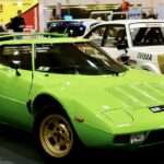 Bright green Lancia Stratos road car viewed from the front three-quarter angle