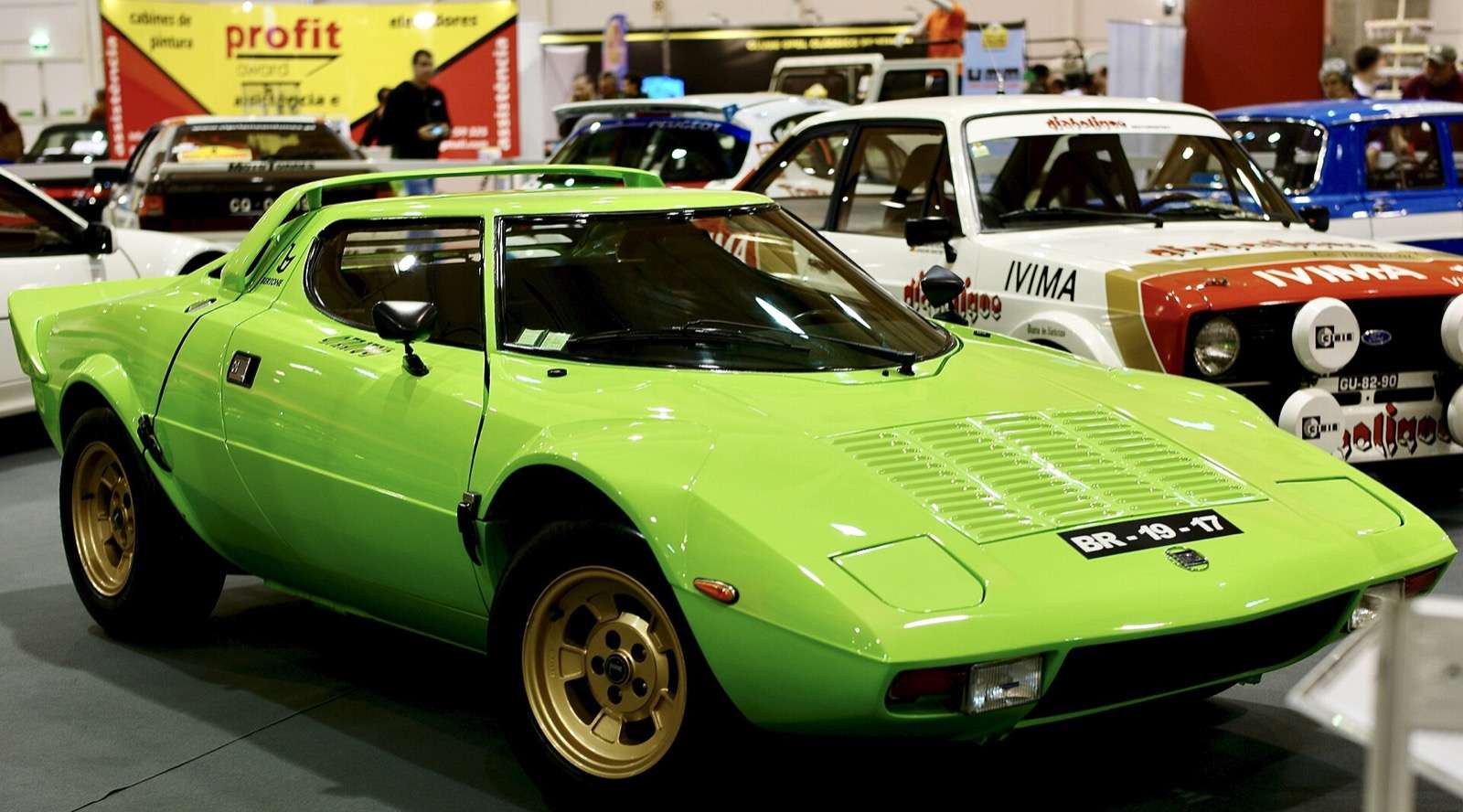 Bright green Lancia Stratos road car viewed from the front three-quarter angle