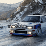 Illustration of a Peugeot 205 T16-inspired Group B rally car on a snowy mountain stage
