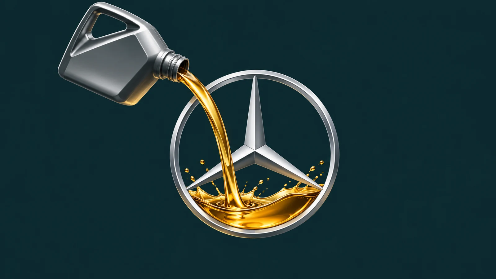 Illustration of golden engine oil pouring into a silver Mercedes three-pointed star emblem