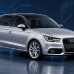Illustration of a silver first-generation Audi A1 8X Sportback in a blue diagnostic studio