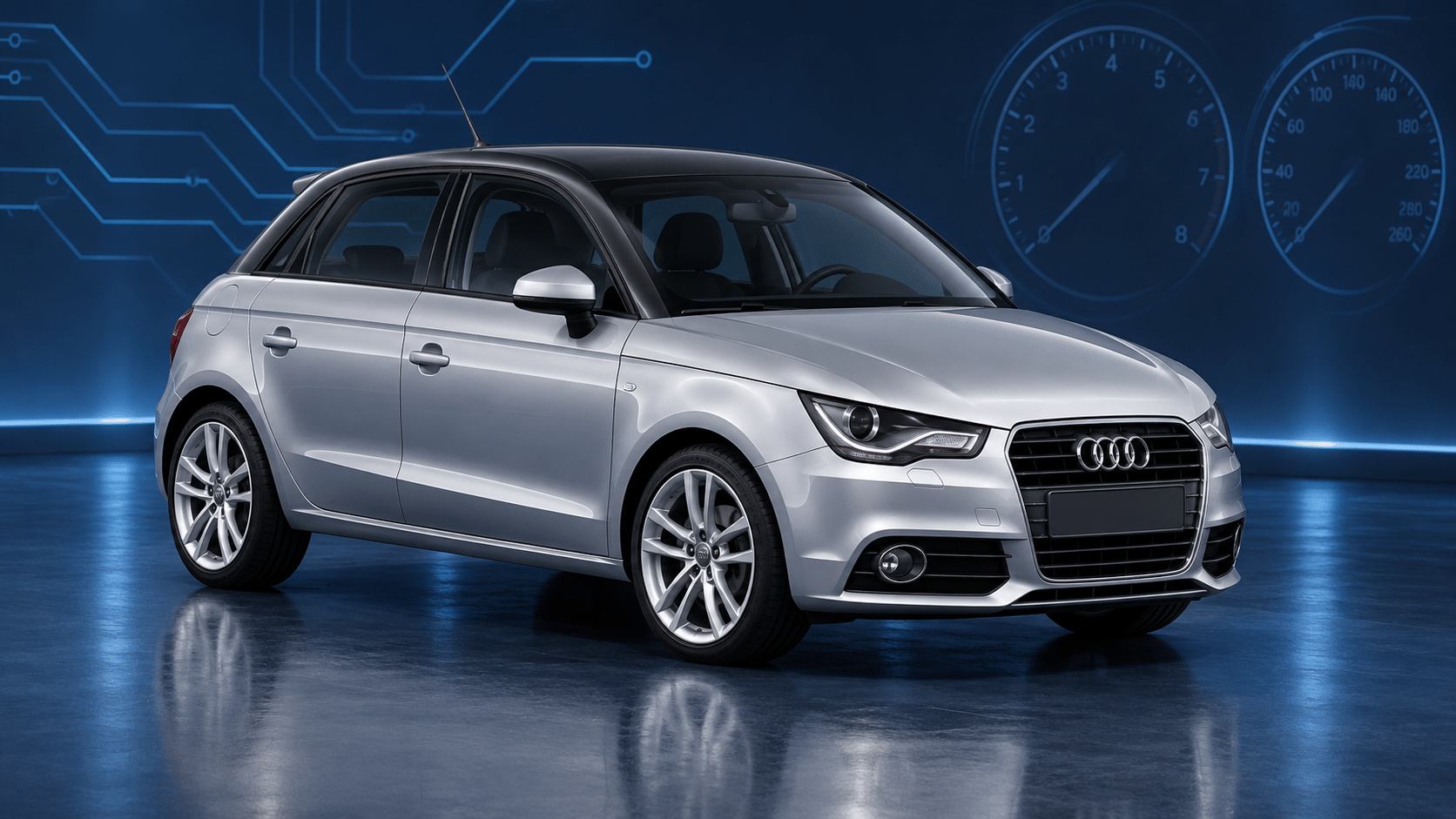 Illustration of a silver first-generation Audi A1 8X Sportback in a blue diagnostic studio