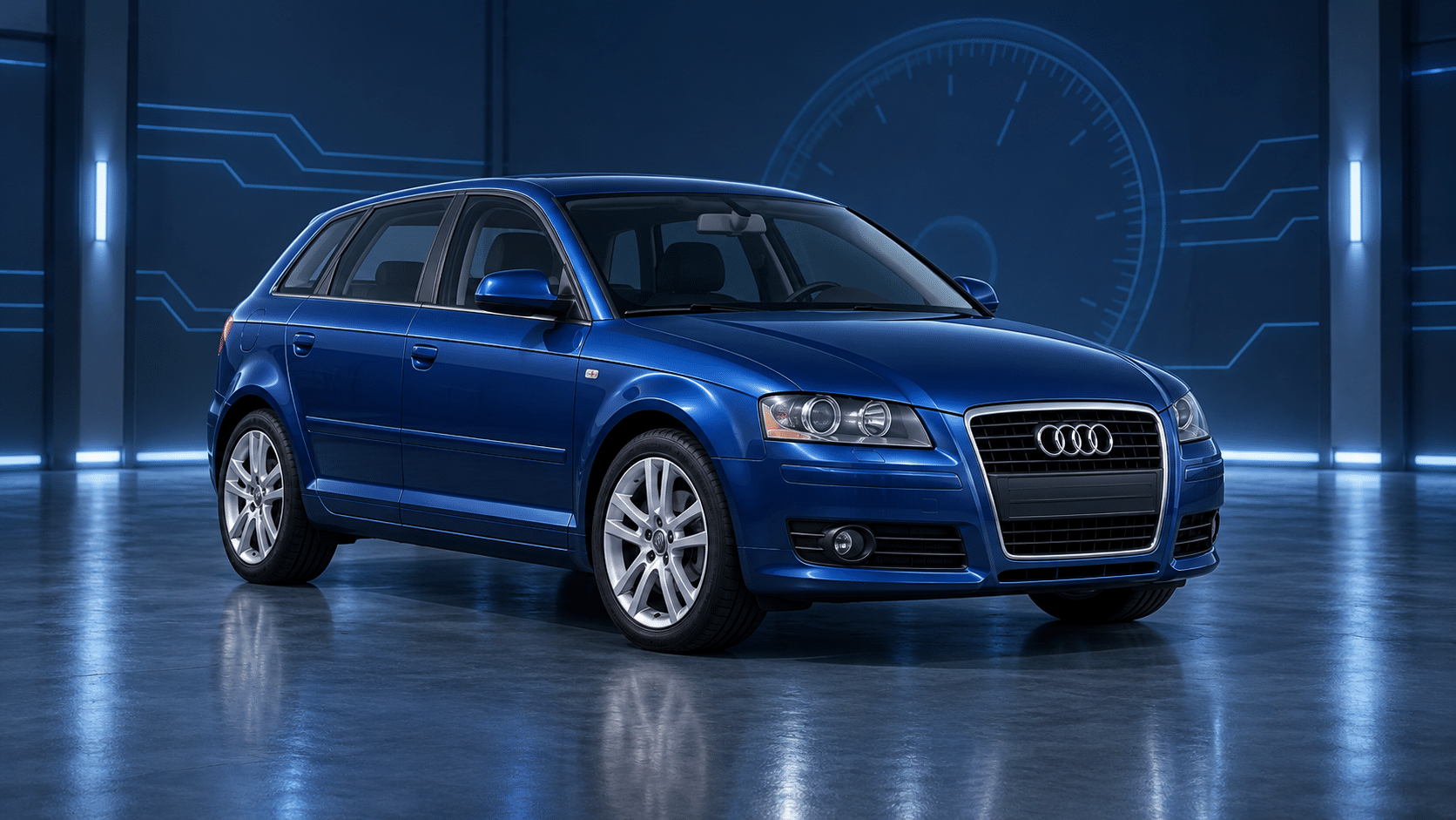 Illustration of a blue Audi A3 8P Sportback in a blue diagnostic studio