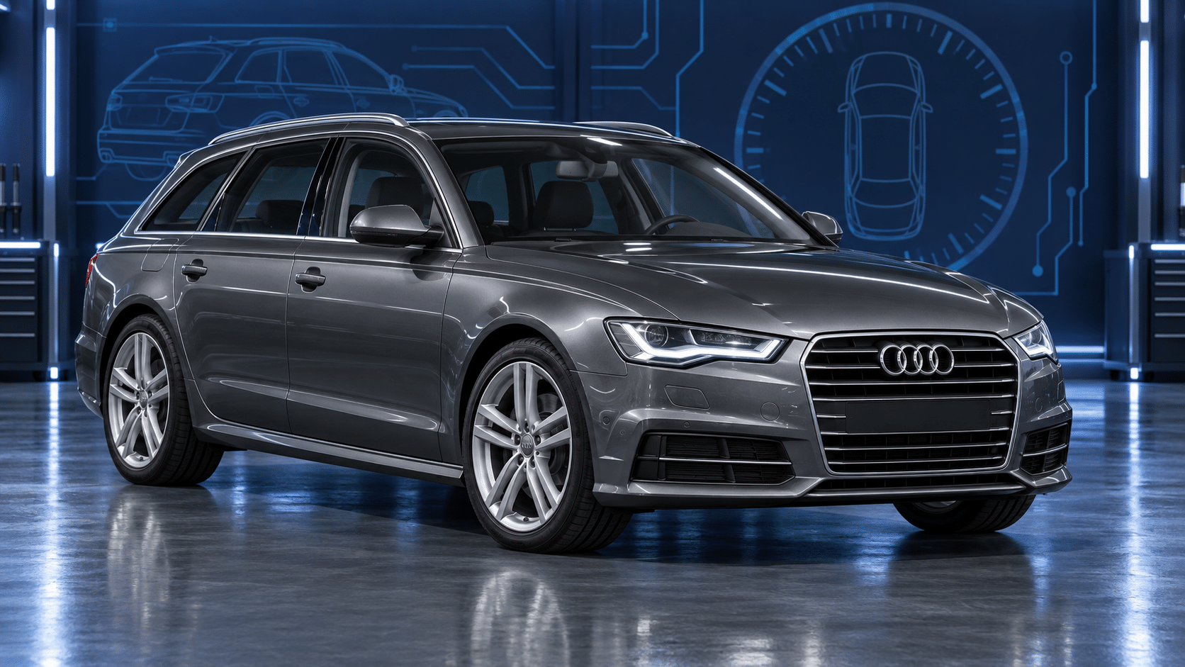 Illustration of a dark grey Audi A6 C7 4G Avant in a blue diagnostic studio