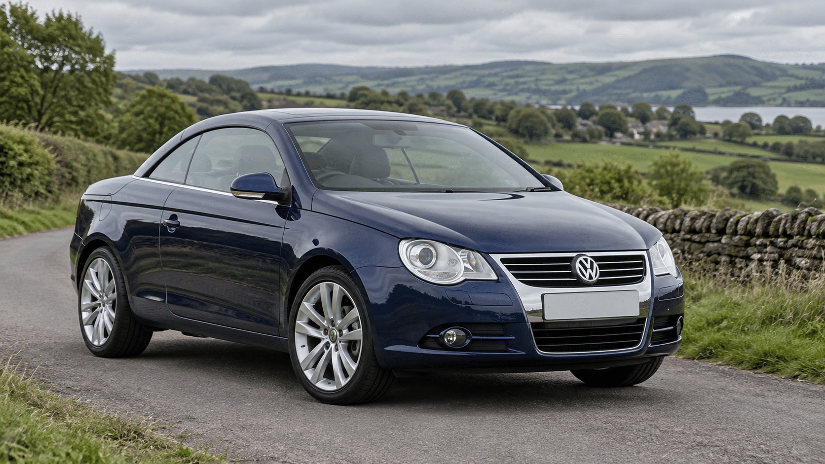 Dark blue Volkswagen Eos on a British country road — illustrative artwork