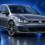 Dark silver Volkswagen Golf GTD Mk7 / Mk7.5 2.0 TDI in a blue diagnostic studio — illustrative artwork