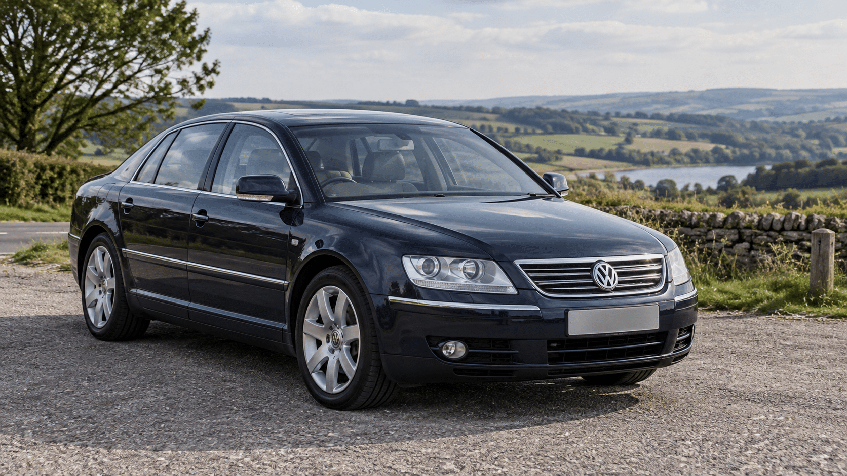 Dark navy Volkswagen Phaeton (3D) on a British country road — illustrative artwork