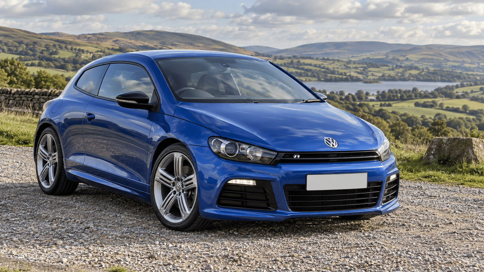 Rising blue Volkswagen Scirocco R in the British countryside — illustrative artwork