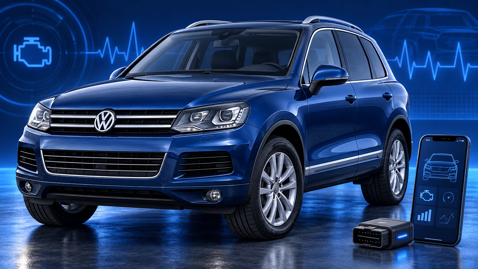 Deep blue Volkswagen Touareg Mk2 7P 3.0 V6 TDI in a blue diagnostic studio — illustrative artwork